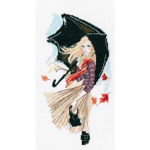 Девушка, дождь  и зонтик. Набор для вышивания: мулине хб,счетный крест,канва 16 белая,размер: 23*30 см.  